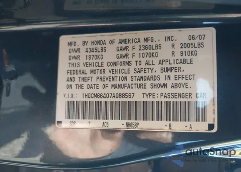 2007 Honda Accord 3.0 Se from USA, damaged, VIN 1HGCM66407A088567